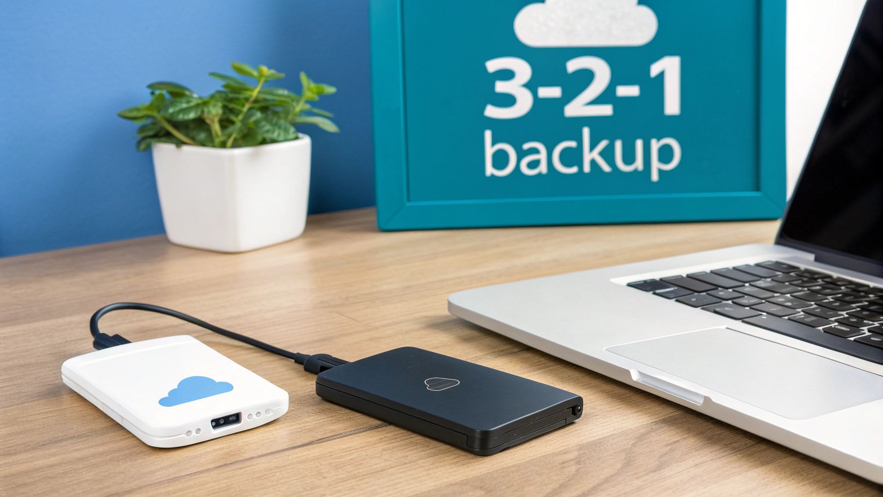 Two external hard drives connected to a laptop on a wooden desk, next to a '3-2-1 backup' sign.