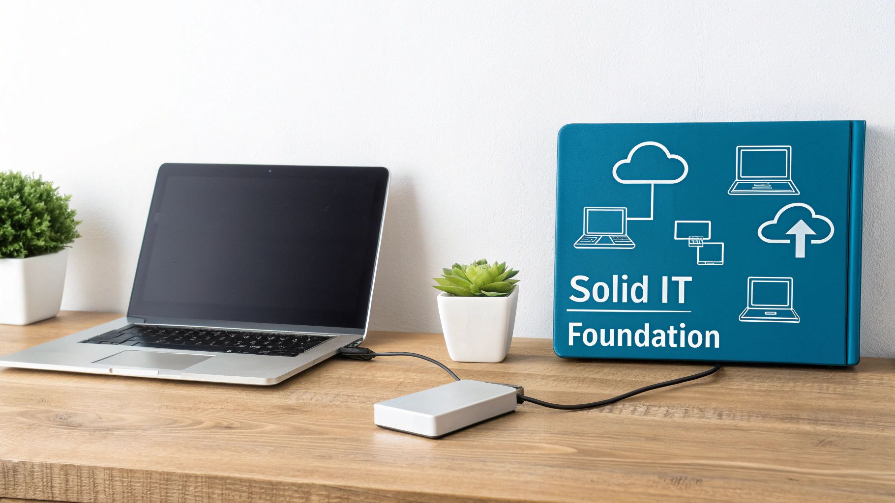 A laptop and external drive on a desk next to a 'Solid IT Foundation' sign with network icons.