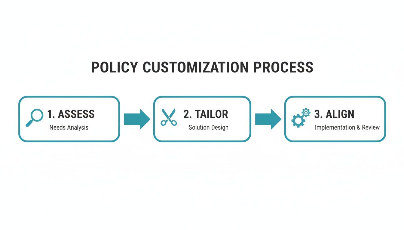 Flowchart illustrating the Policy Customization Process with steps for Needs Analysis, Solution Design, and Implementation.