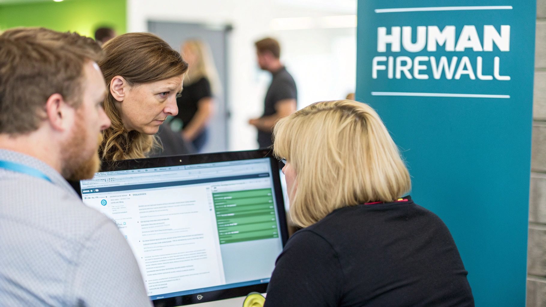 Three professionals reviewing cybersecurity awareness training content on computer screen at Human Firewall booth