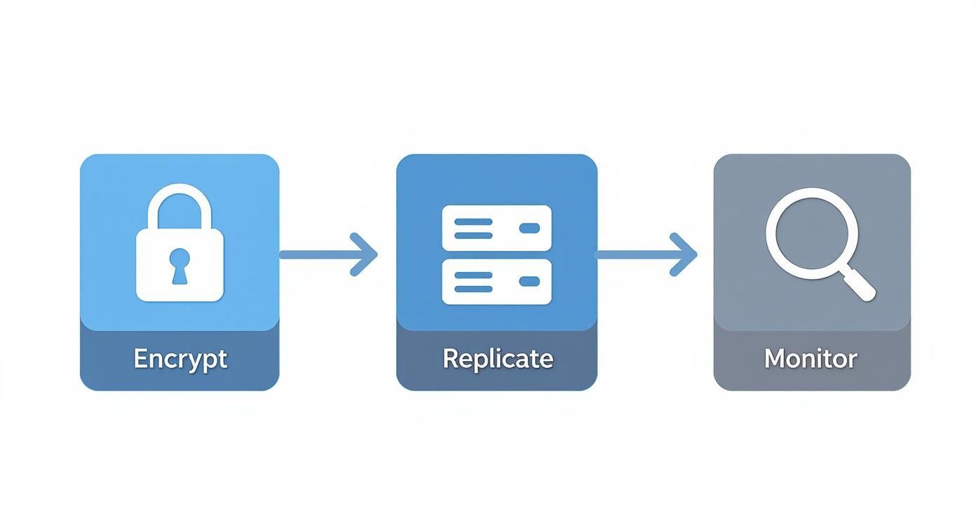 Infographic showing the data security process flow with steps for Encrypt, Replicate, and Monitor.