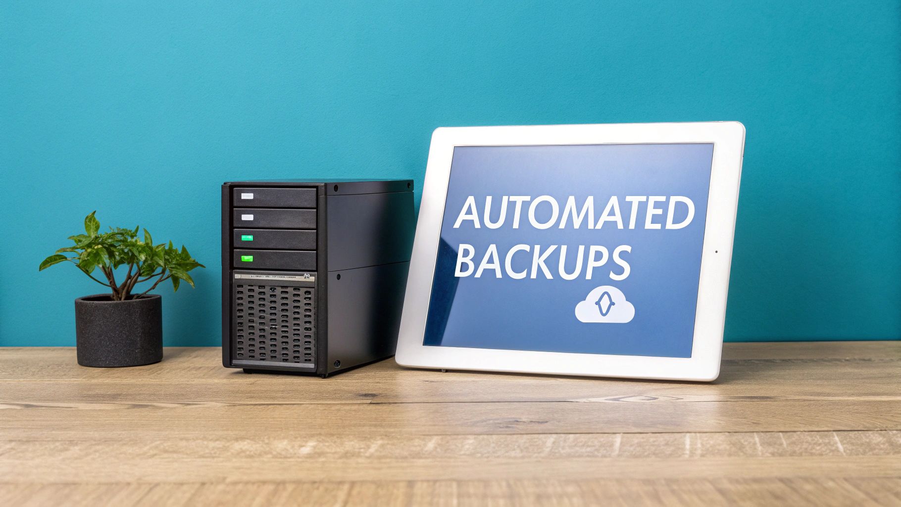 A white tablet displaying 'Automated Backups' and a cloud icon, next to a data storage server and a green plant.