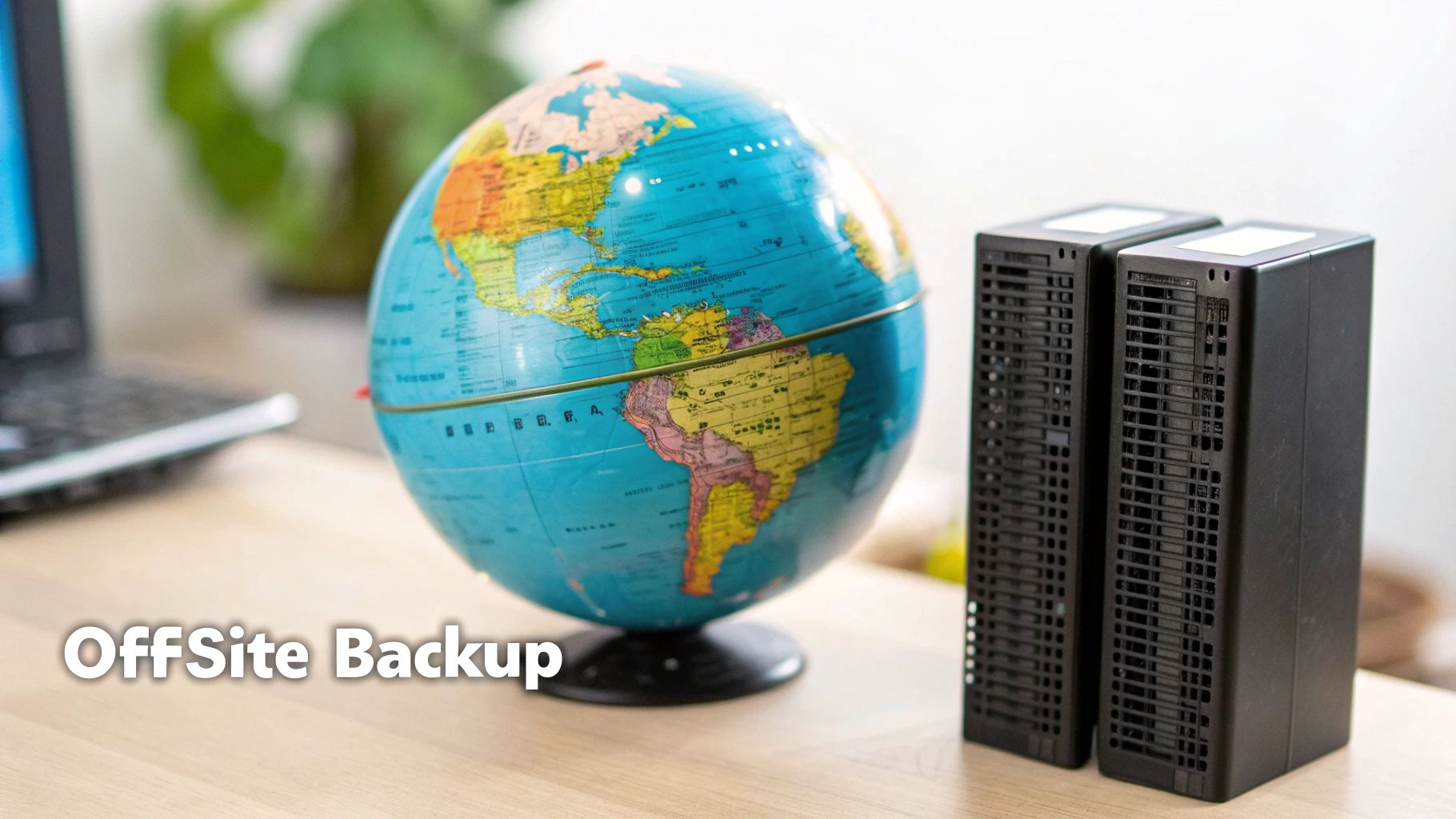 A desk setup featuring a world globe, two black offsite backup devices, and a laptop.