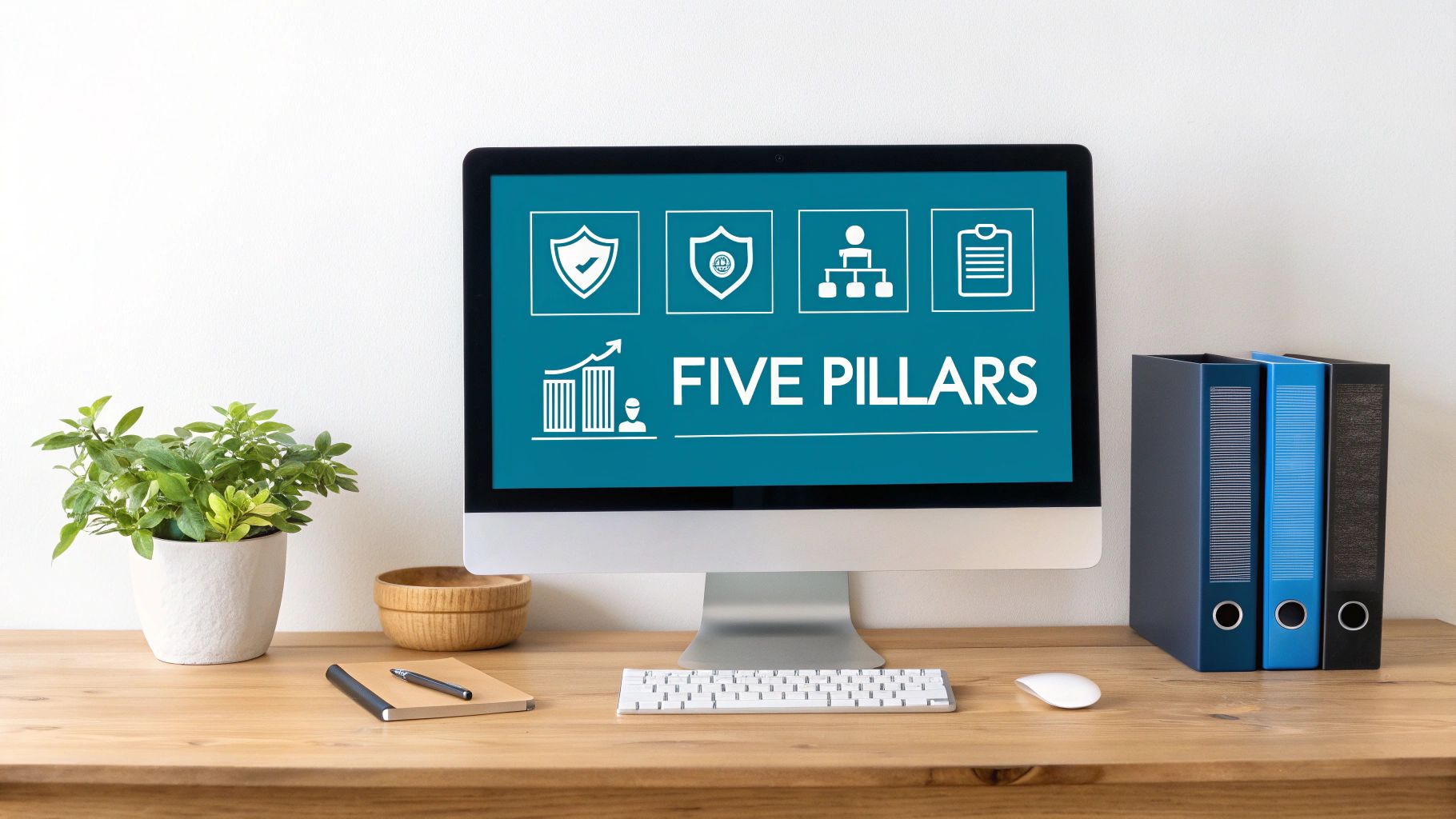 Computer screen displaying 'FIVE PILLARS' and business strategy icons on a modern office desk.