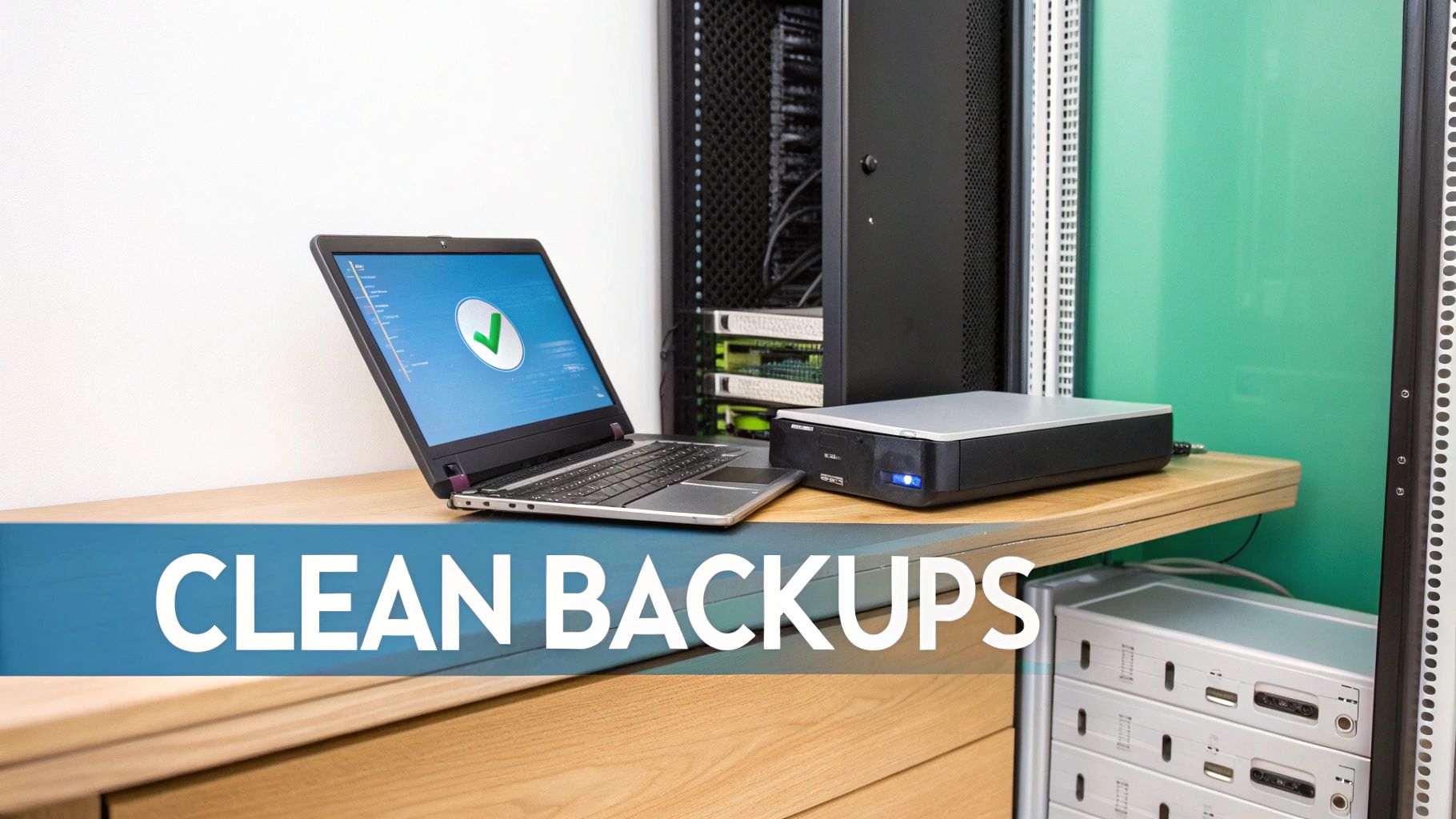 A laptop displaying a green checkmark, an external hard drive, and server racks in an IT environment, with 'CLEAN BACKUPS' text.