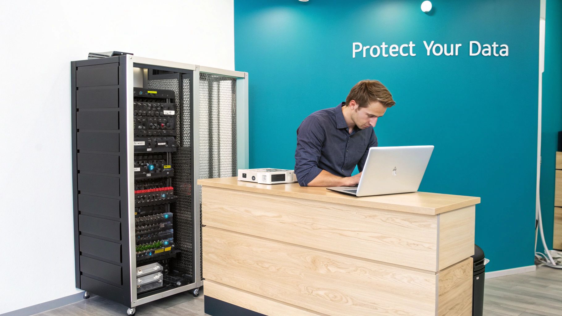 A man works on a laptop next to a server rack, highlighting data protection in an office.