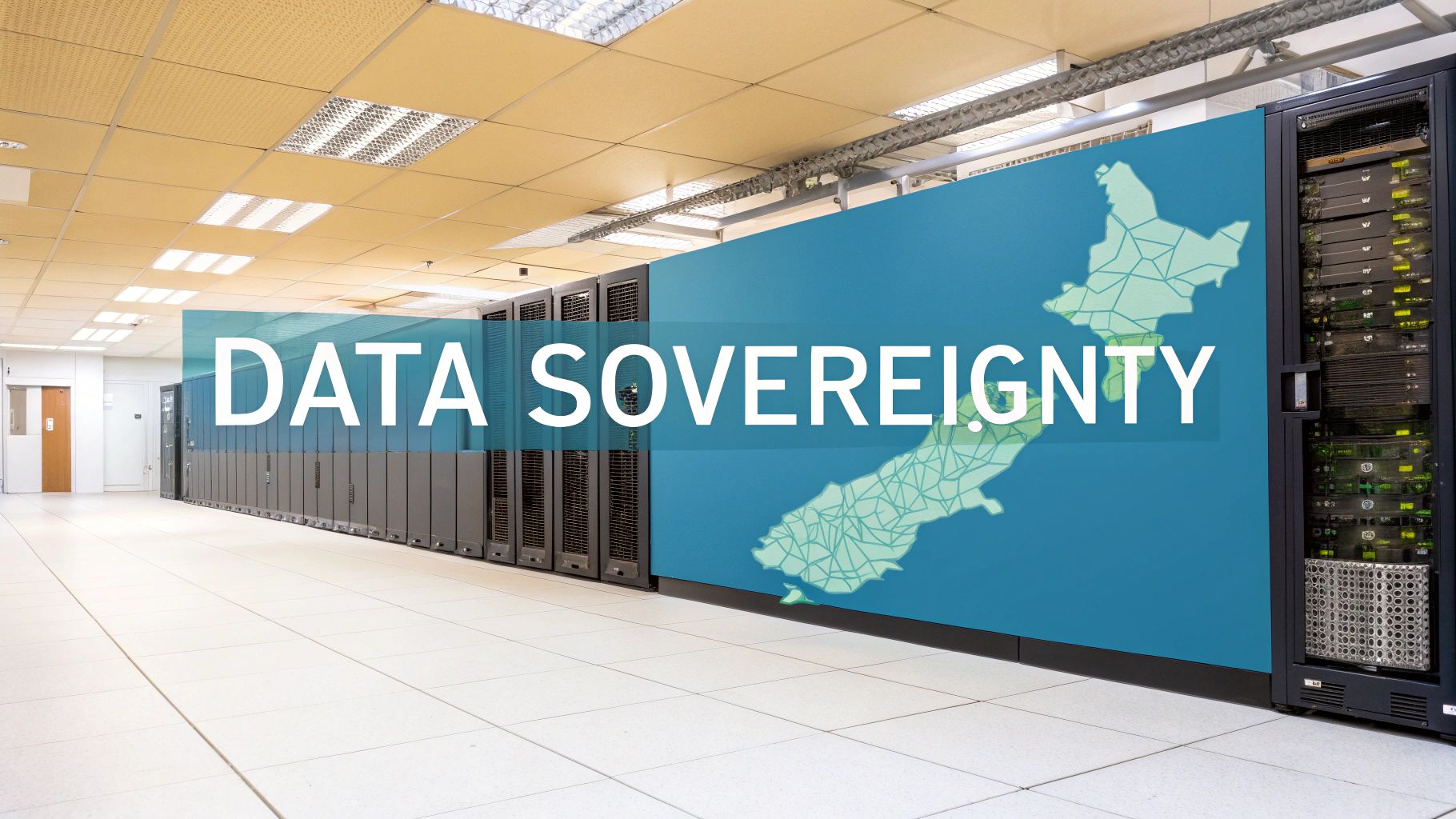 A data center with server racks and a blue overlay displaying 'DATA SOVEREIGNTY' and a map of New Zealand.