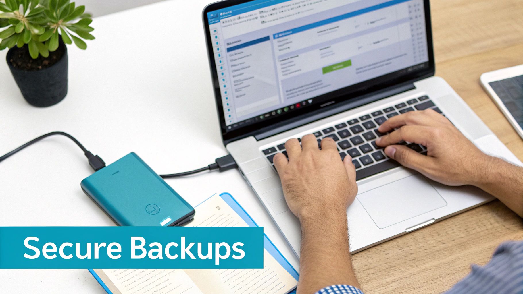 A person uses a laptop connected to an external hard drive for secure data backups.