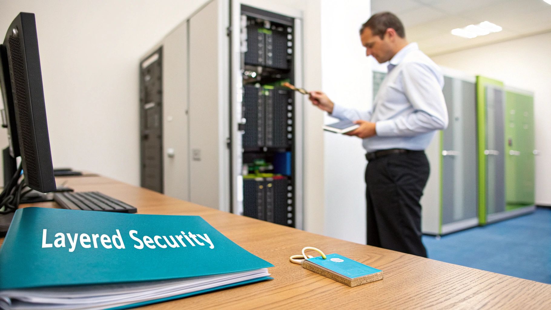 An IT technician examines components in a server rack, with a 'Layered Security' binder on a desk.