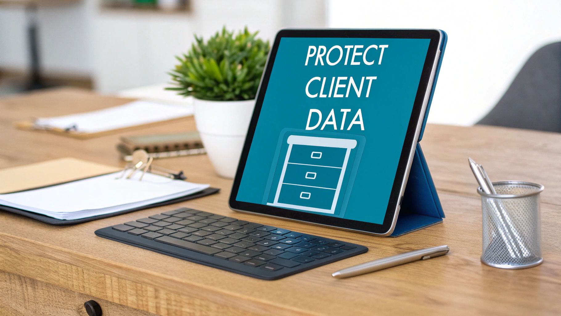 A tablet on a wooden desk displays 'PROTECT CLIENT DATA' with a filing cabinet icon, next to a keyboard and office supplies.