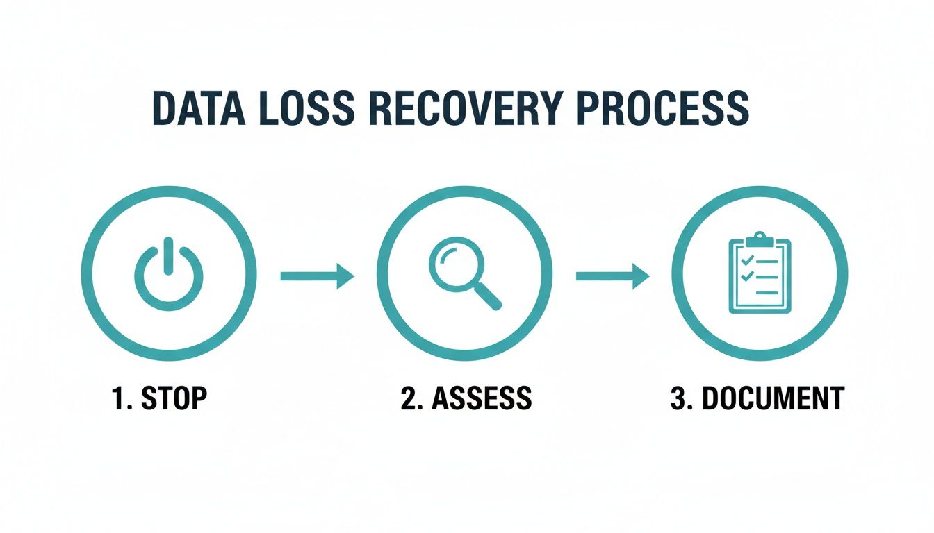 A diagram illustrating the three steps of the data loss recovery process: Stop, Assess, and Document.
