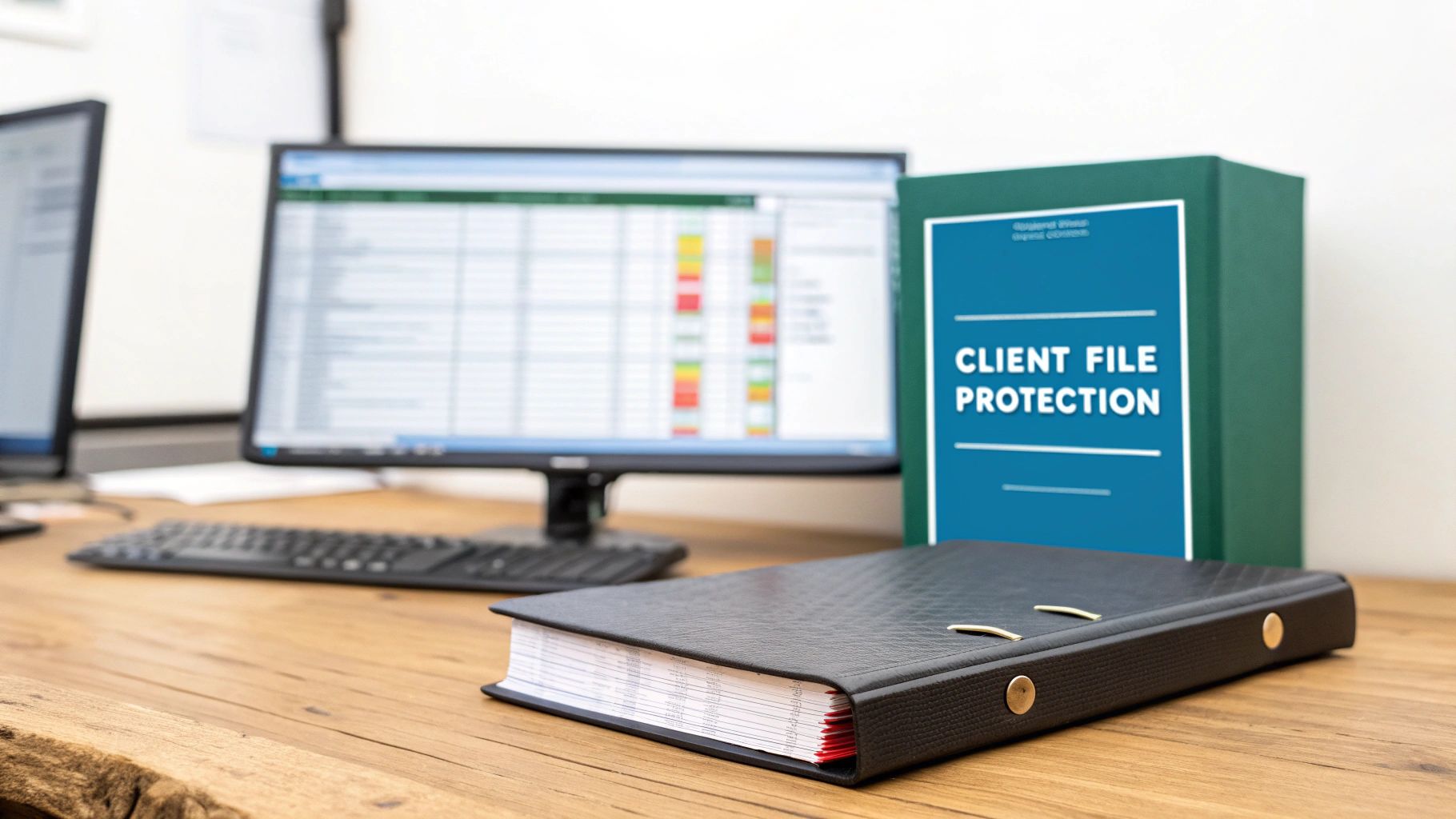 An office desk with two monitors, a black binder, and a green binder labeled 'Client File Protection'.