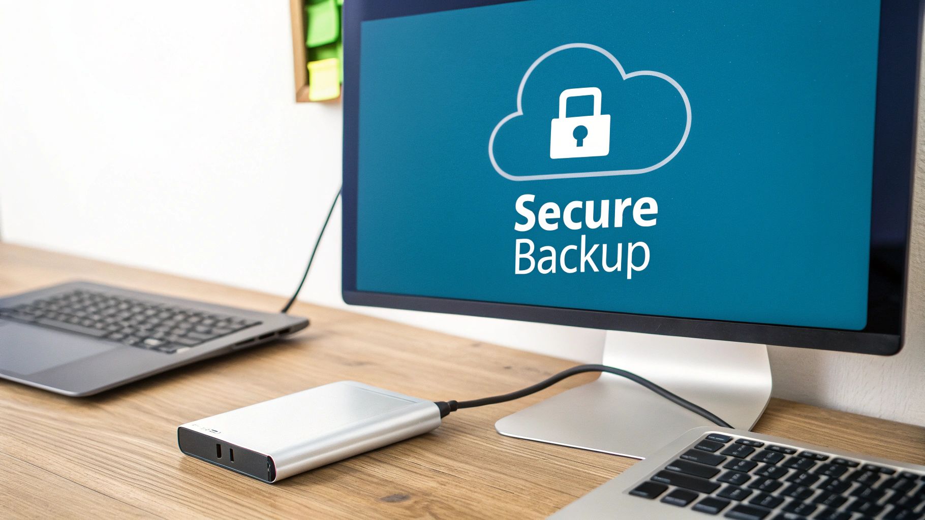 Computer monitor displays 'Secure Backup' with a cloud padlock icon, connected to an external hard drive and laptops on a wooden desk.