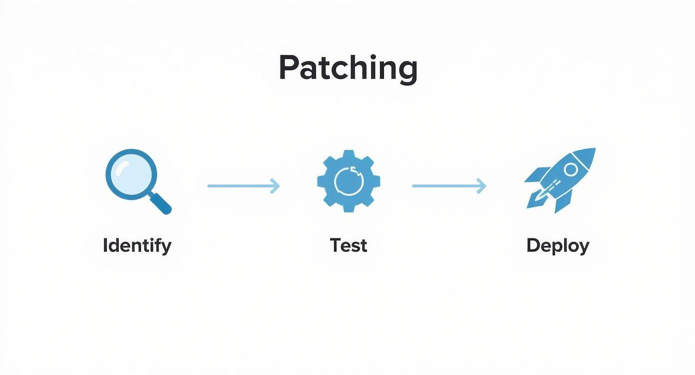 A bold, stylized infographic about patching a Windows vulnerability