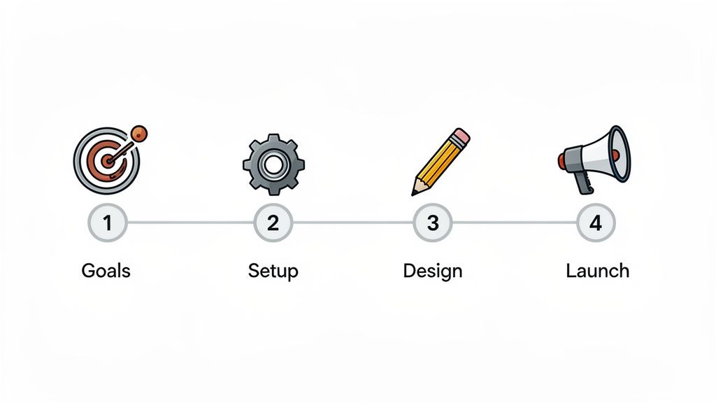 A four-step process flowchart showing Goals, Setup, Design, and Launch, illustrated with icons.