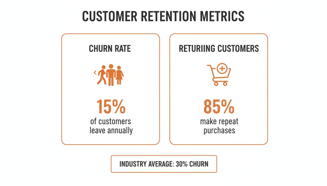 Infographic displaying customer retention metrics: 15% churn rate, 85% returning customers, outperforming the 30% industry average.