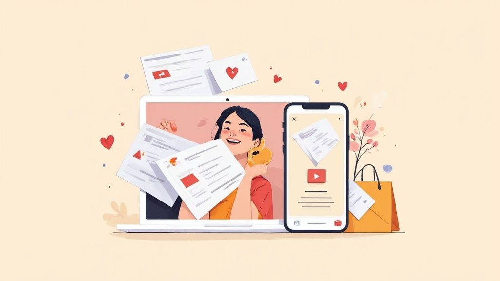 A happy woman interacting with documents on a laptop and smartphone, surrounded by hearts and a shopping bag.