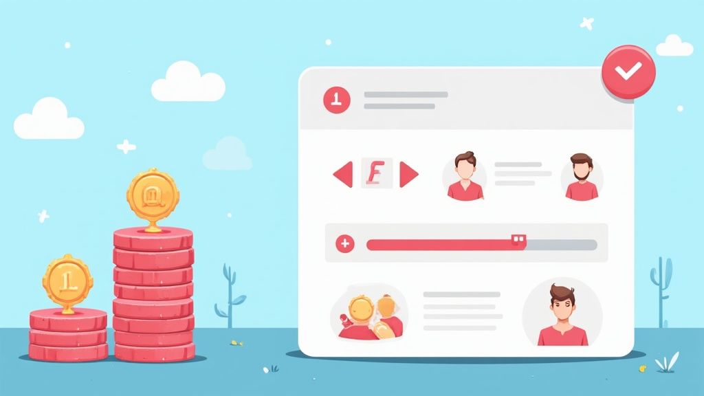 Digital interface showing user management and progress, with game-like coin stacks and medals.