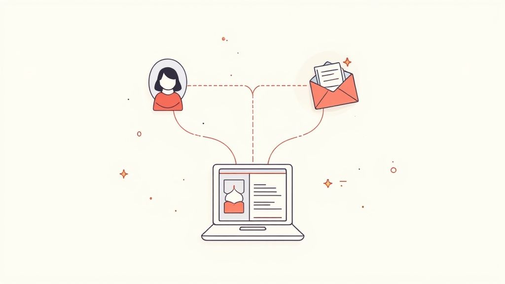 Illustration showing a user and an email interacting with a laptop, depicting online communication or customer service.