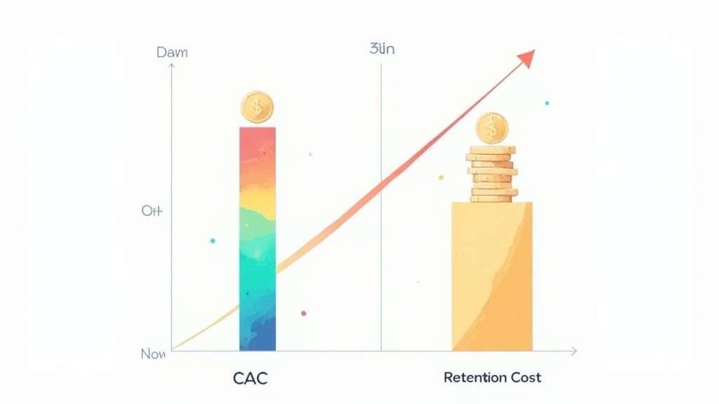 A bar chart comparing customer acquisition cost (CAC) and customer retention cost with an upward trend.