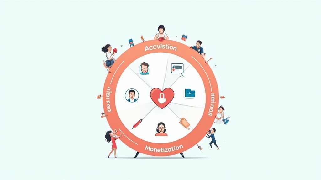 Customer lifecycle wheel showing acquisition retention monetization stages with community engagement around heart icon