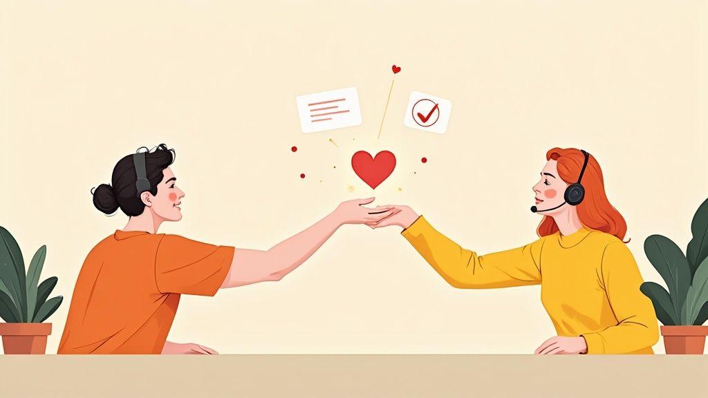 A smiling customer support agent with a headset on, engaging with a customer in a bright, modern office setting.