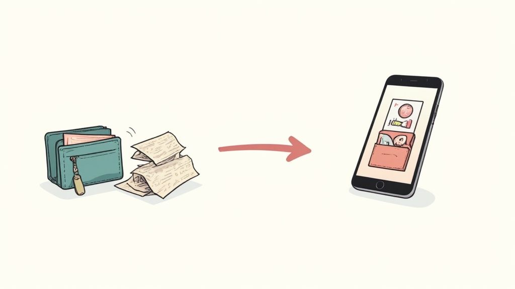 Physical wallet with papers transforming into digital loyalty card displayed on smartphone screen