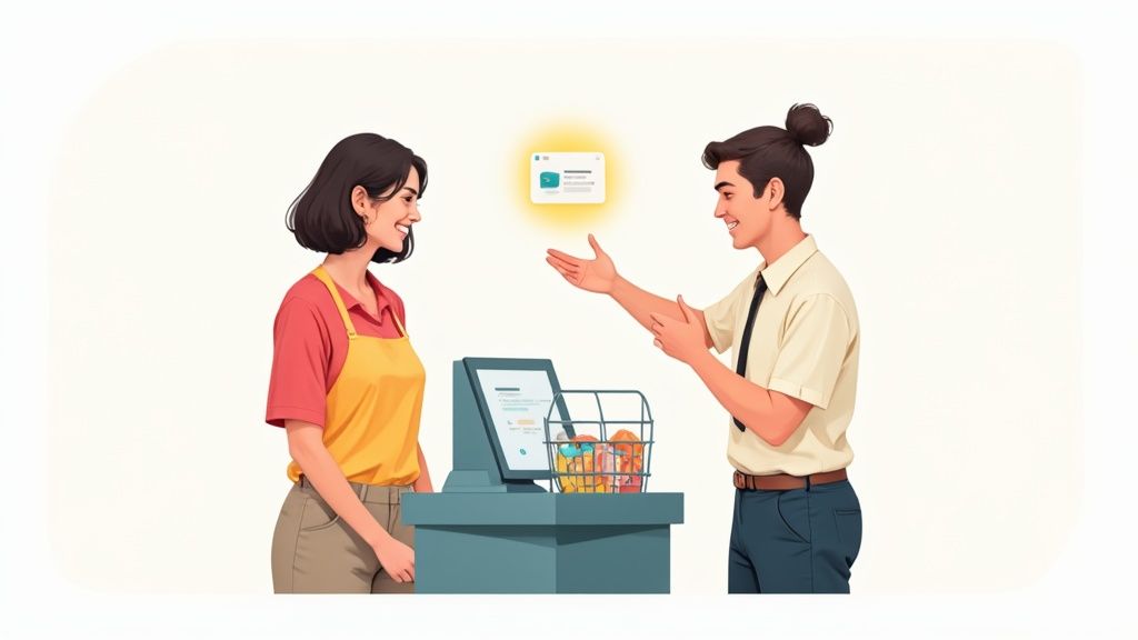 A customer using a point of sale system with a loyalty program display