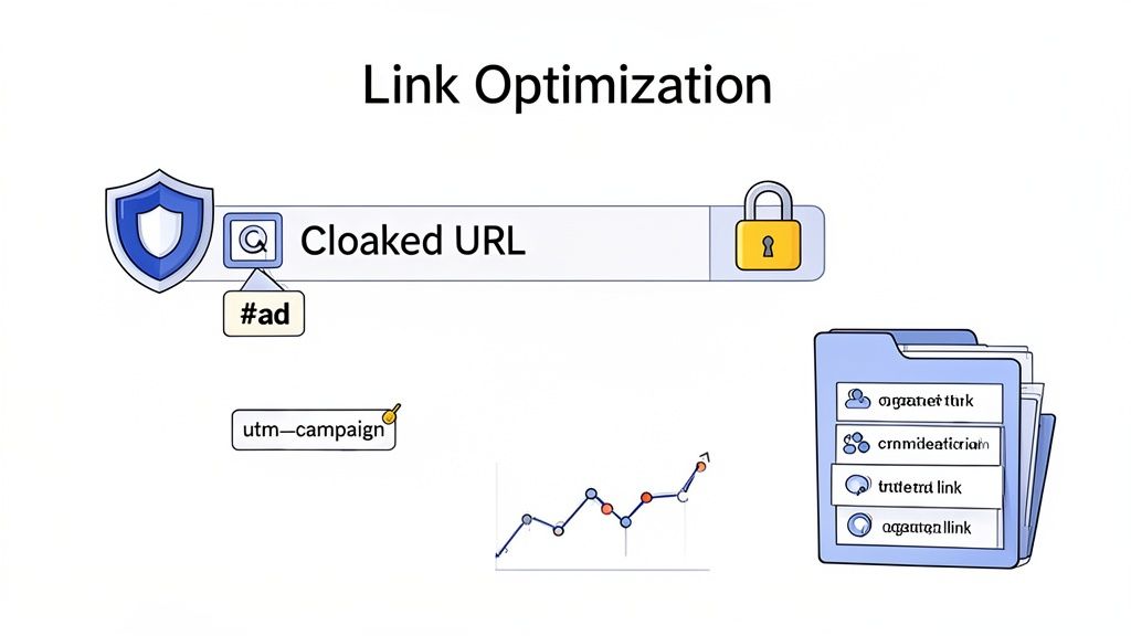 Diagram illustrating link optimization, including cloaked URLs, ad tracking, UTM campaigns, and performance data.