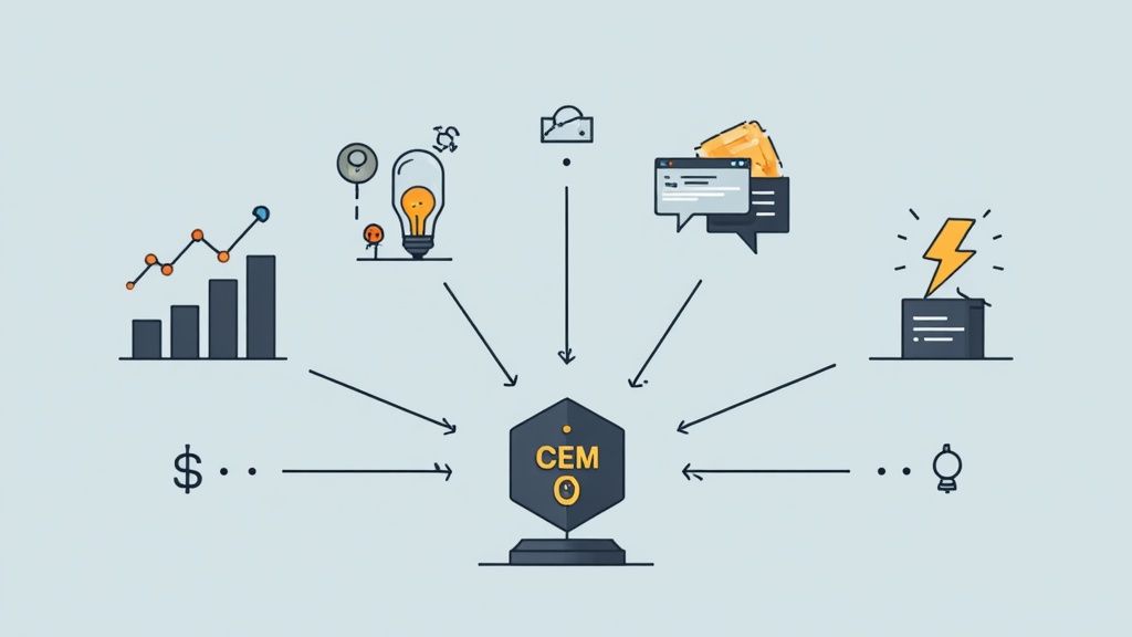 An abstract image showing interconnected data points and customer icons, representing technology in customer experience management