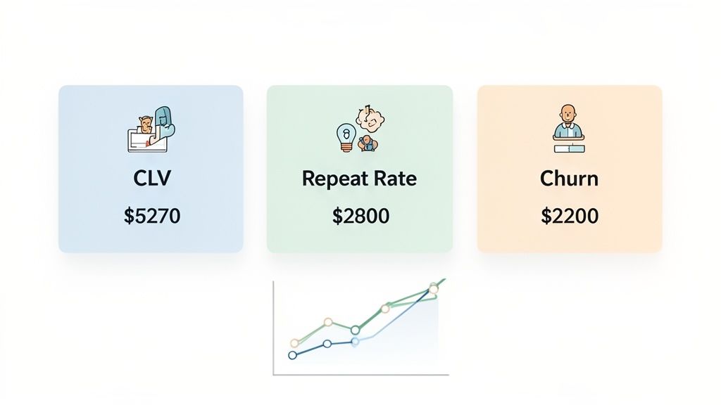 Dashboard displaying CLV, Repeat Rate, and Churn metrics with associated values and a trend graph.