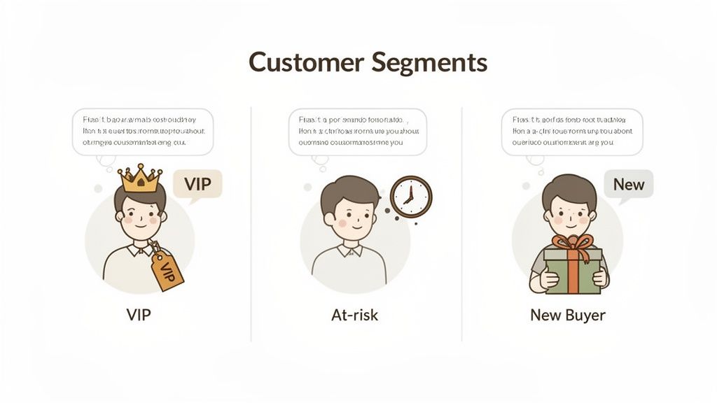 An infographic illustrating three customer segments: VIP, At-risk, and New Buyer, with cartoon figures.