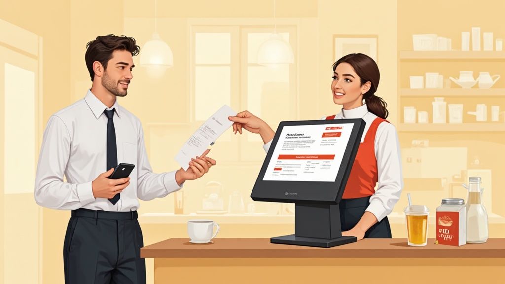Customer and employee at a modern point-of-sale system, processing a transaction.