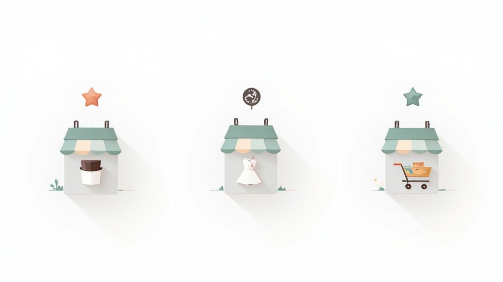 Three minimalist cartoon shops featuring a coffee cup, a dress, and a shopping cart, with stars above.