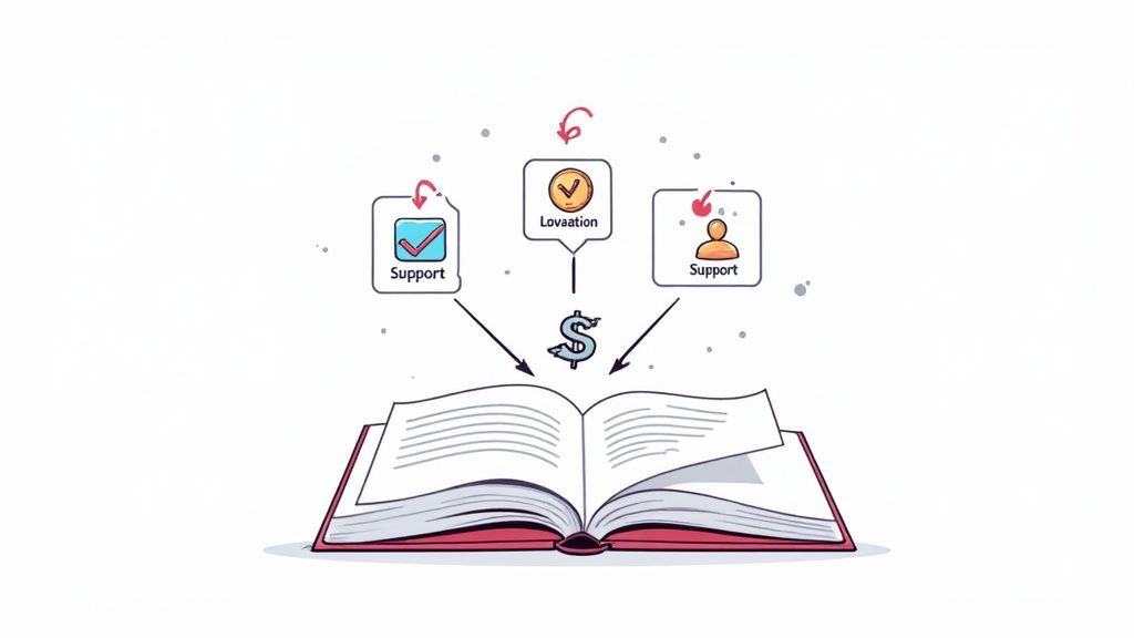 A diagram illustrating Support, Lovaation, and Support contributing to a dollar sign and an open book.