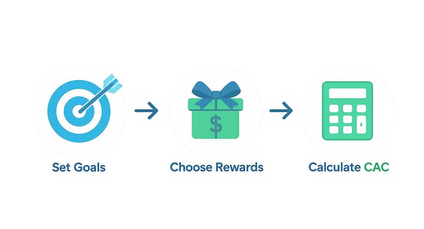 Visual process flow showing three steps: Set Goals with a target, Choose Rewards with a gift box, and Calculate CAC with a calculator.
