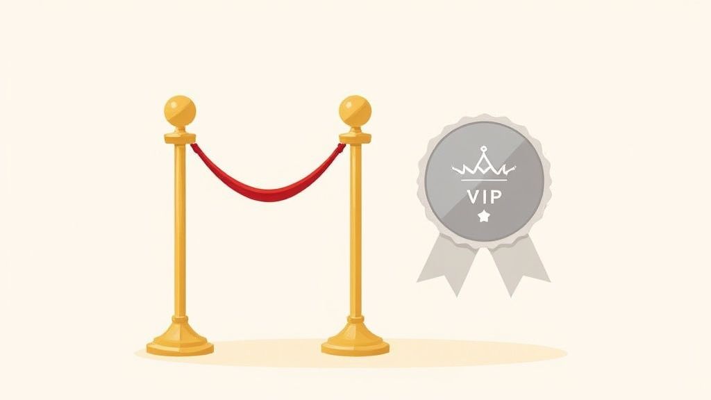 Golden stanchions with a red velvet rope and a silver VIP badge, symbolizing exclusive access.