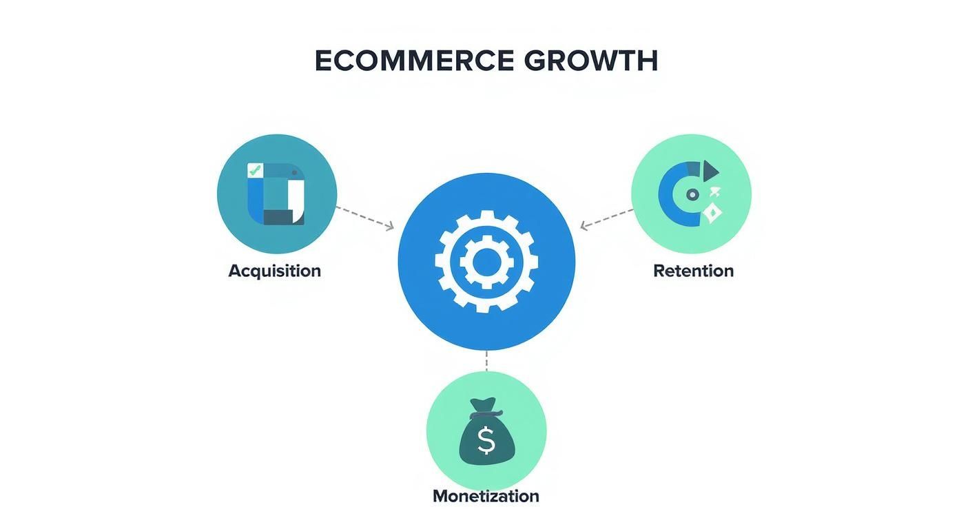 Ecommerce growth strategy diagram showing acquisition, retention, and monetization connected to central gear icon