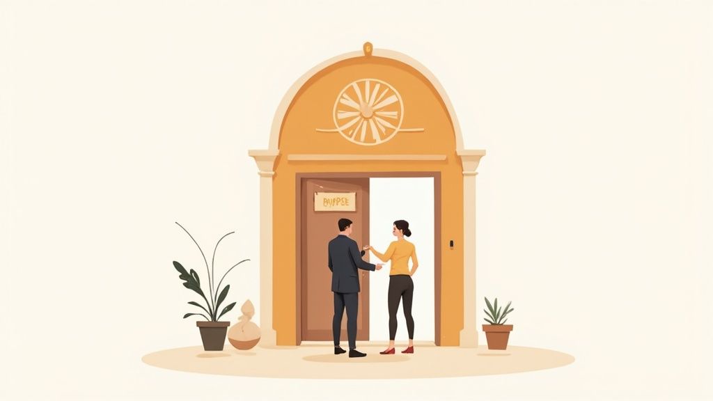 Illustration of a man and woman exchanging an item at a building entrance with a 'PAYPEE' sign.