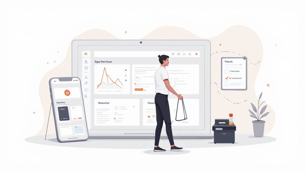 Illustration of a man interacting with digital interfaces showing business data and mobile app.