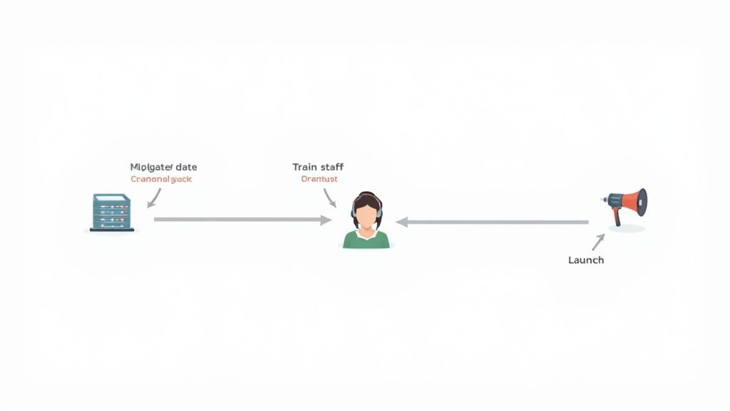 A business process diagram illustrating stages from data storage to staff training and product launch.