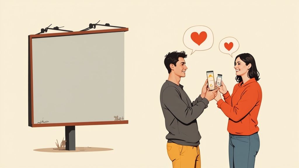 Illustration of a man and woman engaging with phones, showing hearts, next to a blank billboard.