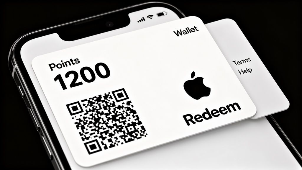 An iPhone screen shows an Apple Wallet pass with 1200 points, a QR code, and the Apple logo.