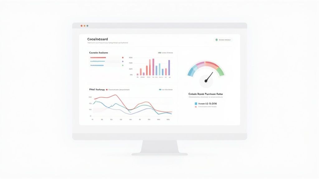 Dashboard displaying business analytics with colorful charts, graphs, credit score gauge, and financial tracking metrics