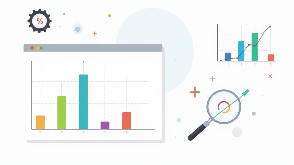 Business analytics dashboard showing colorful bar charts, magnifying glass, and growth metrics visualization