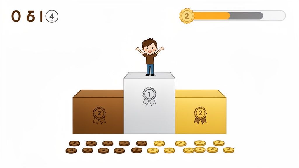 A boy celebrates on a first-place podium with second-place tiers and coins, showing a game achievement.