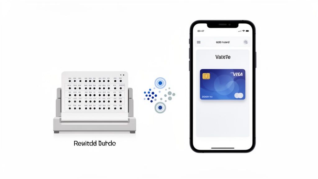 A physical device with a dotted grid connects to a smartphone displaying a digital VISA card in an app.