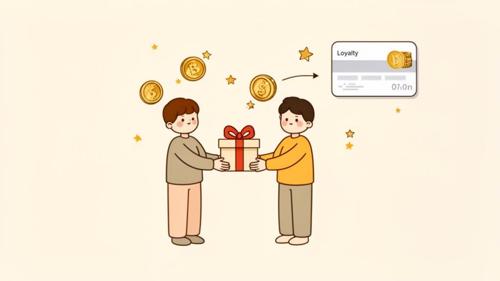 Two cartoon people exchange a gift box, with coins and stars, linking to a loyalty card.