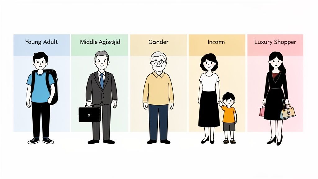Illustrations of five diverse customer segments including young adult, professional, senior, family, and luxury shopper.