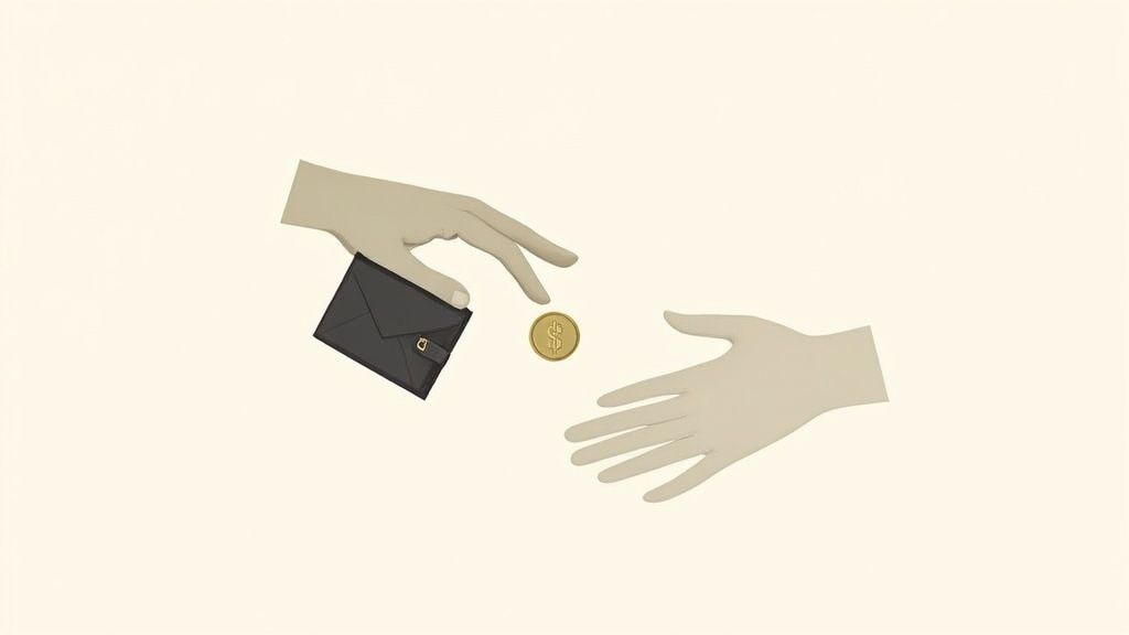 Two hands exchanging a dollar coin from a wallet, symbolizing a transaction or payment.